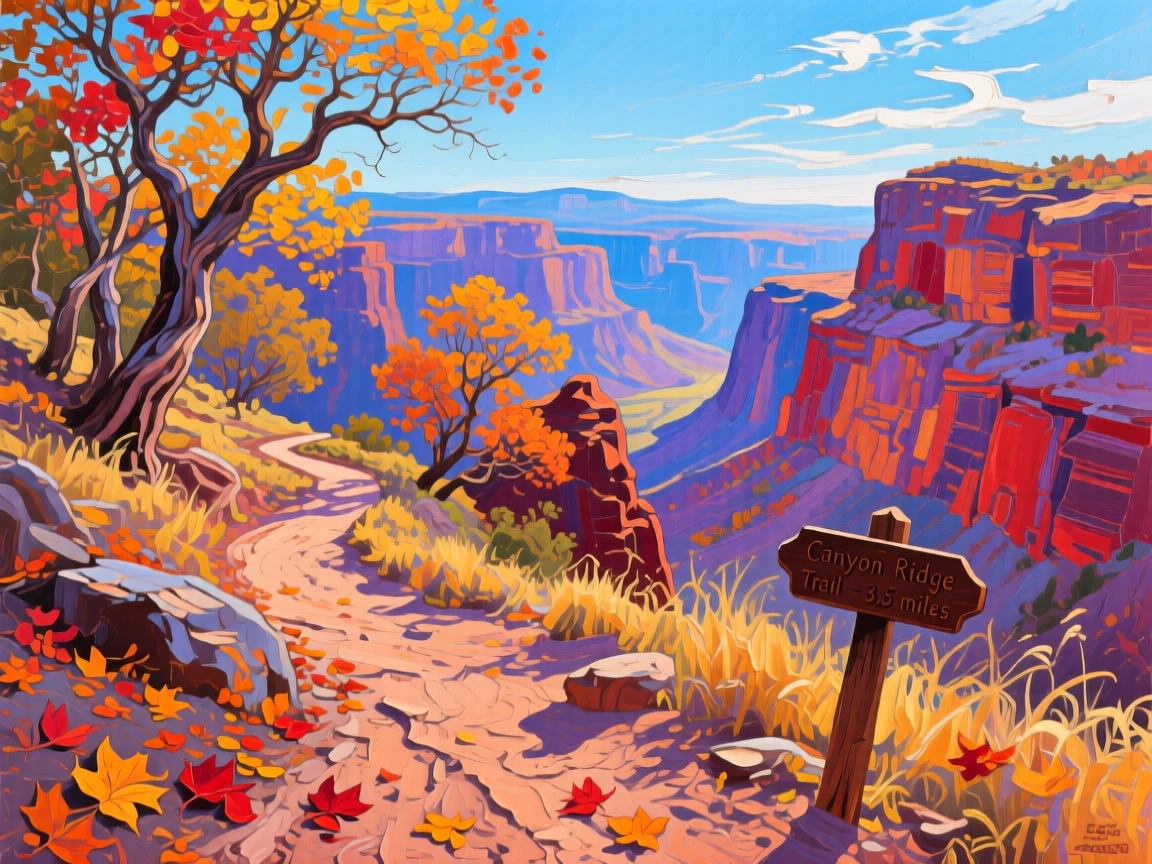 a winding trail through a dramatic canyon, on a clear autumn morning, with layered visual detail from foreground to horizon.