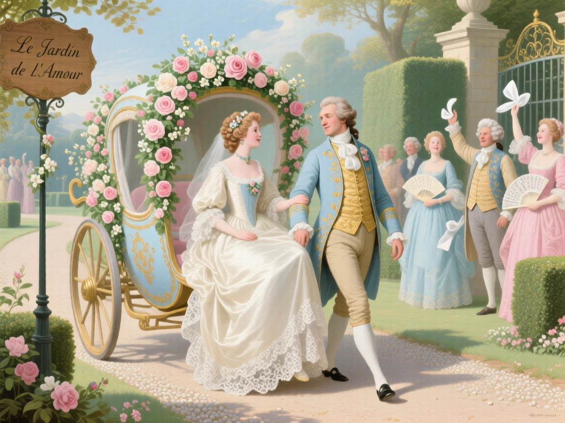 A bride and groom departing in a flower-filled carriage as guests wave handkerchiefs  