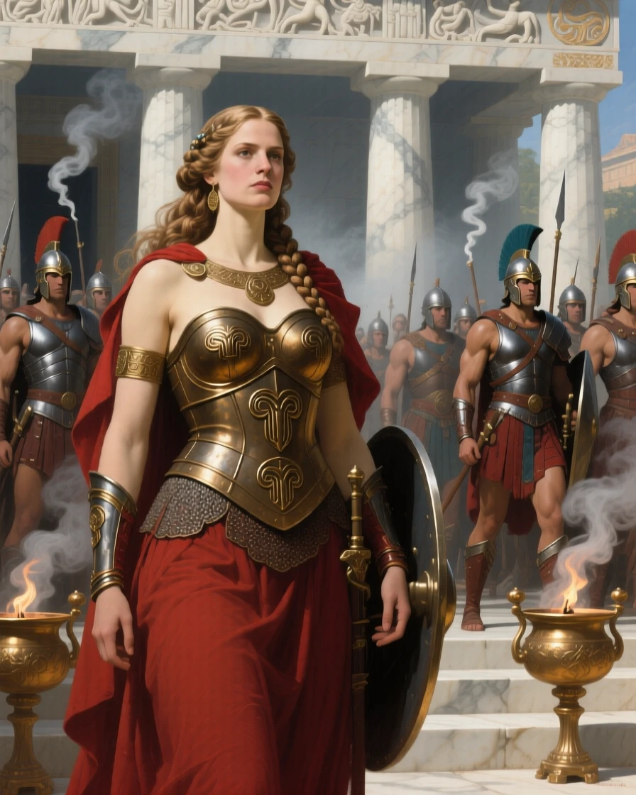 The Amazon queen Hippolyta leading her warriors into battle at the exact instant fate is sealed, set against the marble columns of an ancient temple, as smoke from ceremonial braziers curls upward past carved friezes; the crowd forms a natural frame around the central action, filled with reverence for legend made flesh.