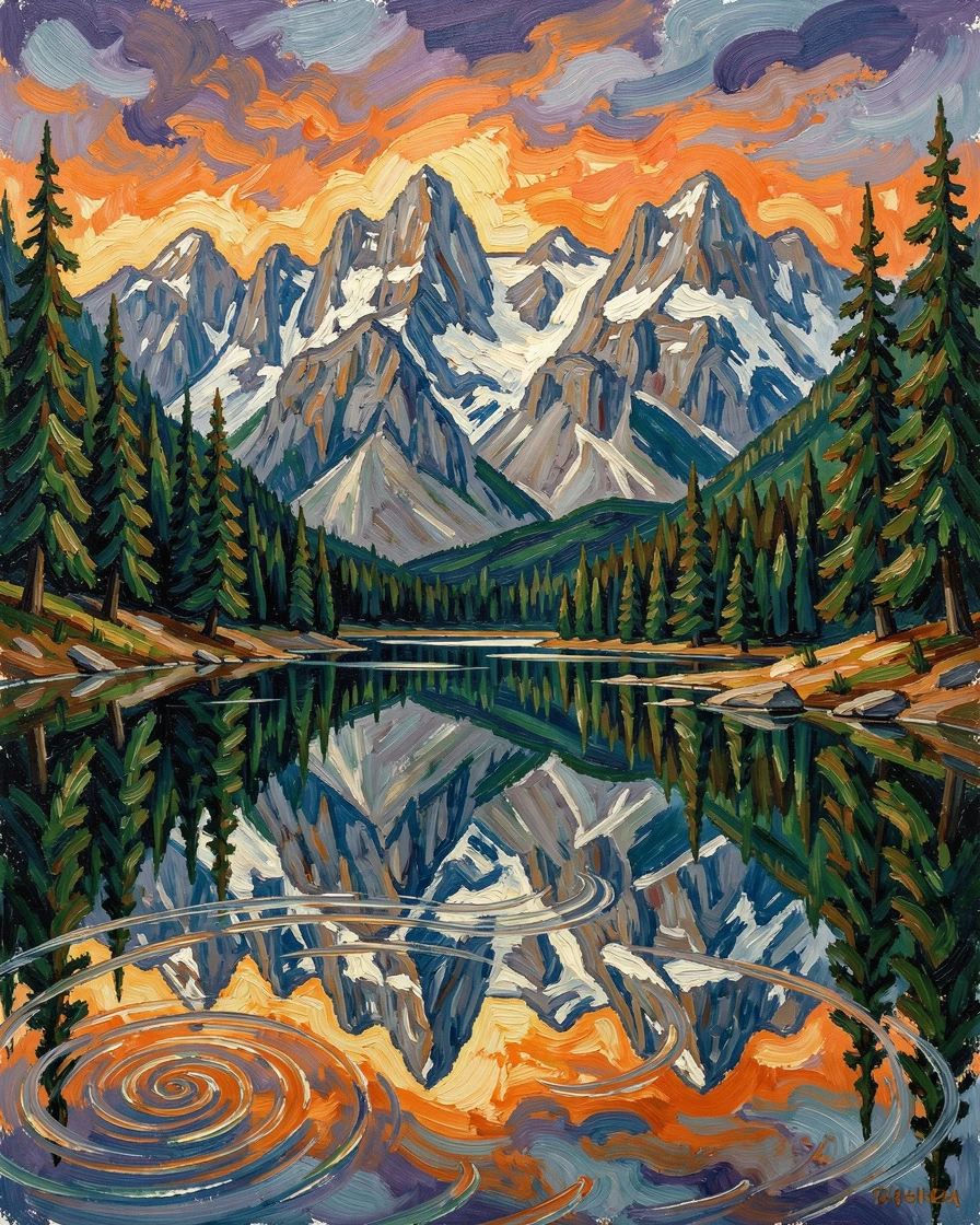 A mountain lake so still it perfectly mirrors the surrounding pine forest and peaks.