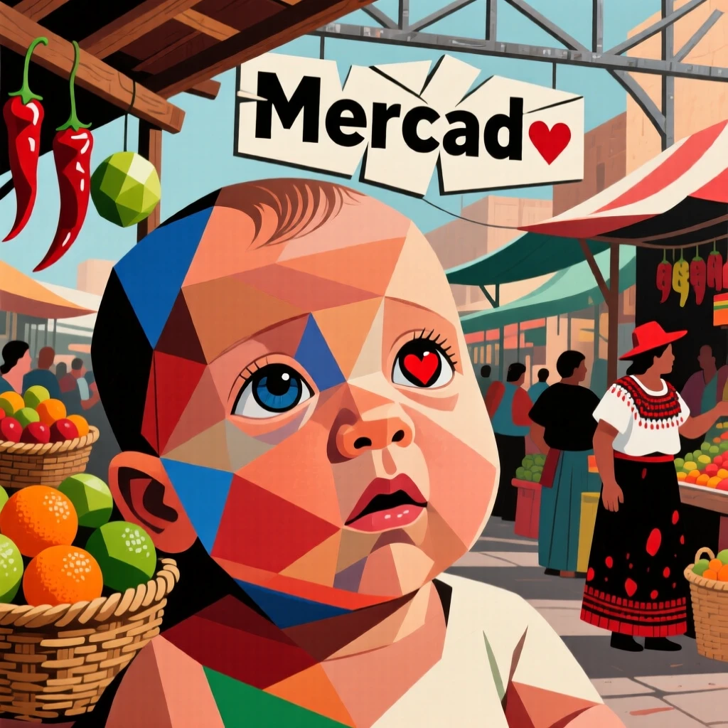 A close-up portrait of a newborn baby of Mexican heritage, looking up in awe, at the edge of a bustling market.