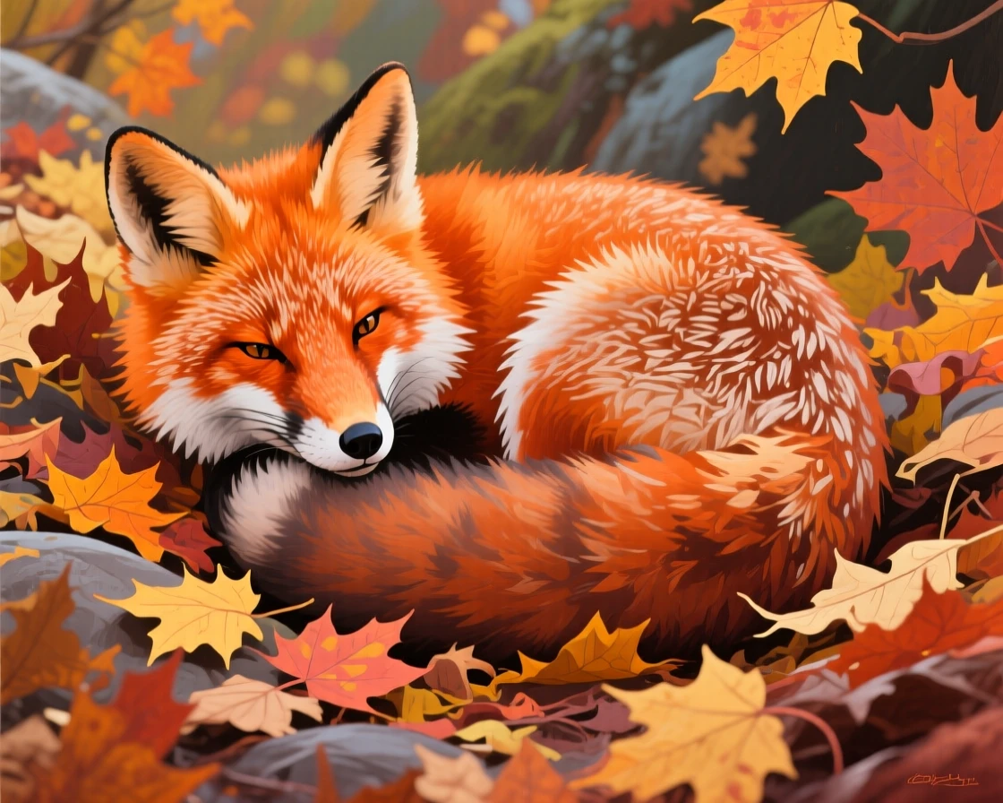 A fox curled in a bed of autumn leaves, its bright orange fur matching the fallen foliage around it