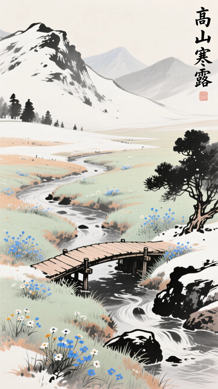 A high alpine meadow dotted with wildflowers, where a narrow footbridge spans the stream, as winter frost settles.