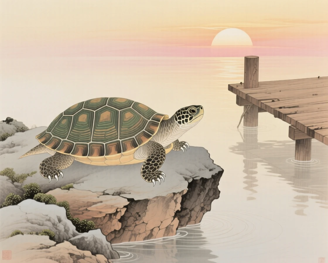 A turtle resting on a sun-warmed rock beside a wooden dock at sunrise