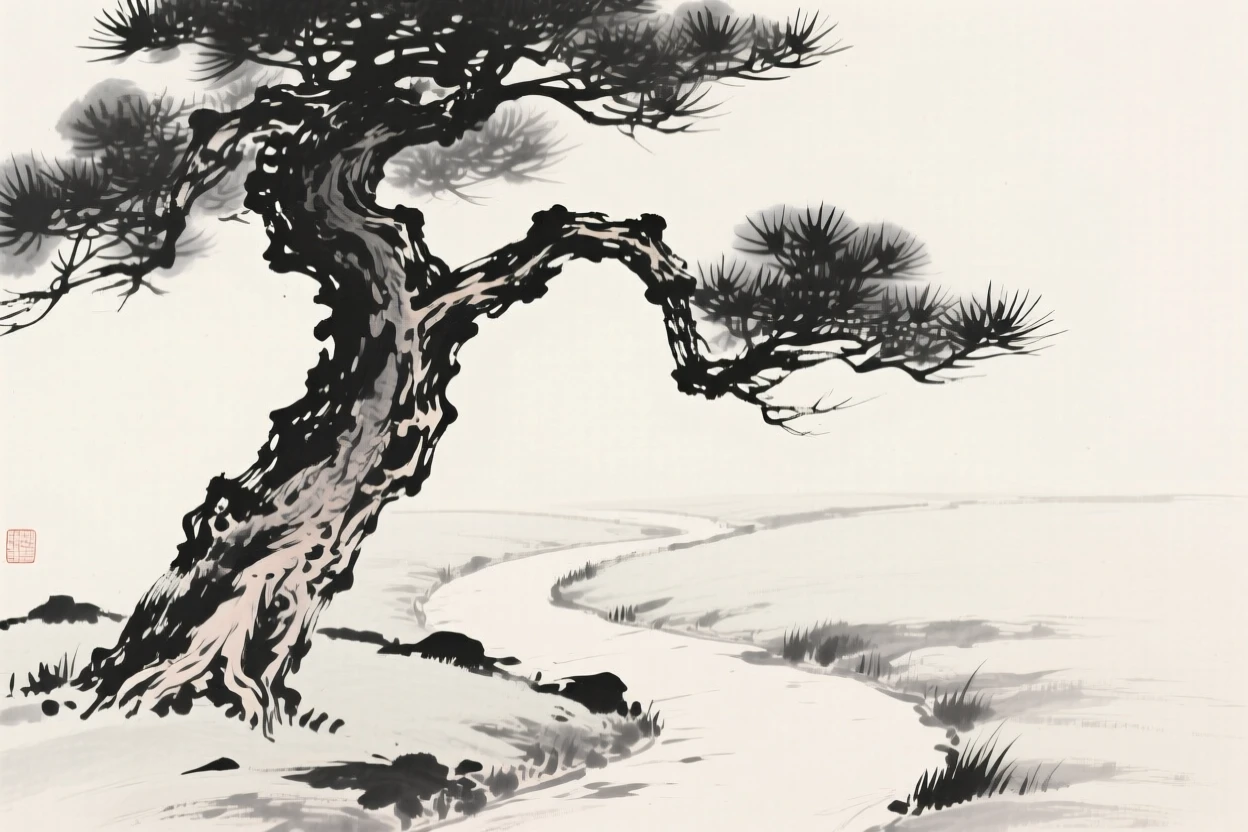 An ancient gnarled pine tree beside a quiet garden path, composed with generous open space around it, celebrating the fleeting beauty of the season.