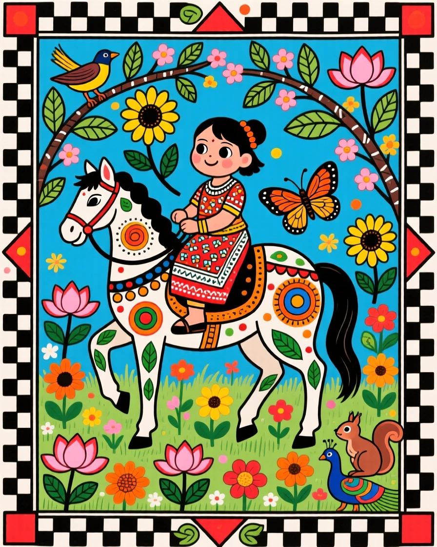 A child riding a gentle pony through a flower-filled meadow.