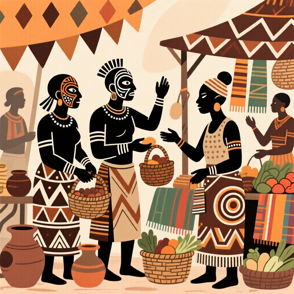 A market scene with traders bartering over goods.