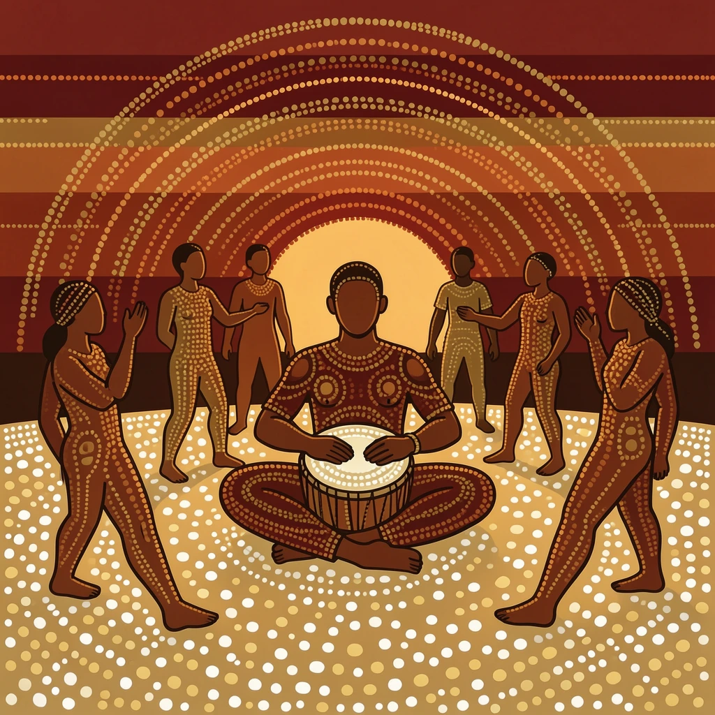 A drummer leading a village celebration at sunset