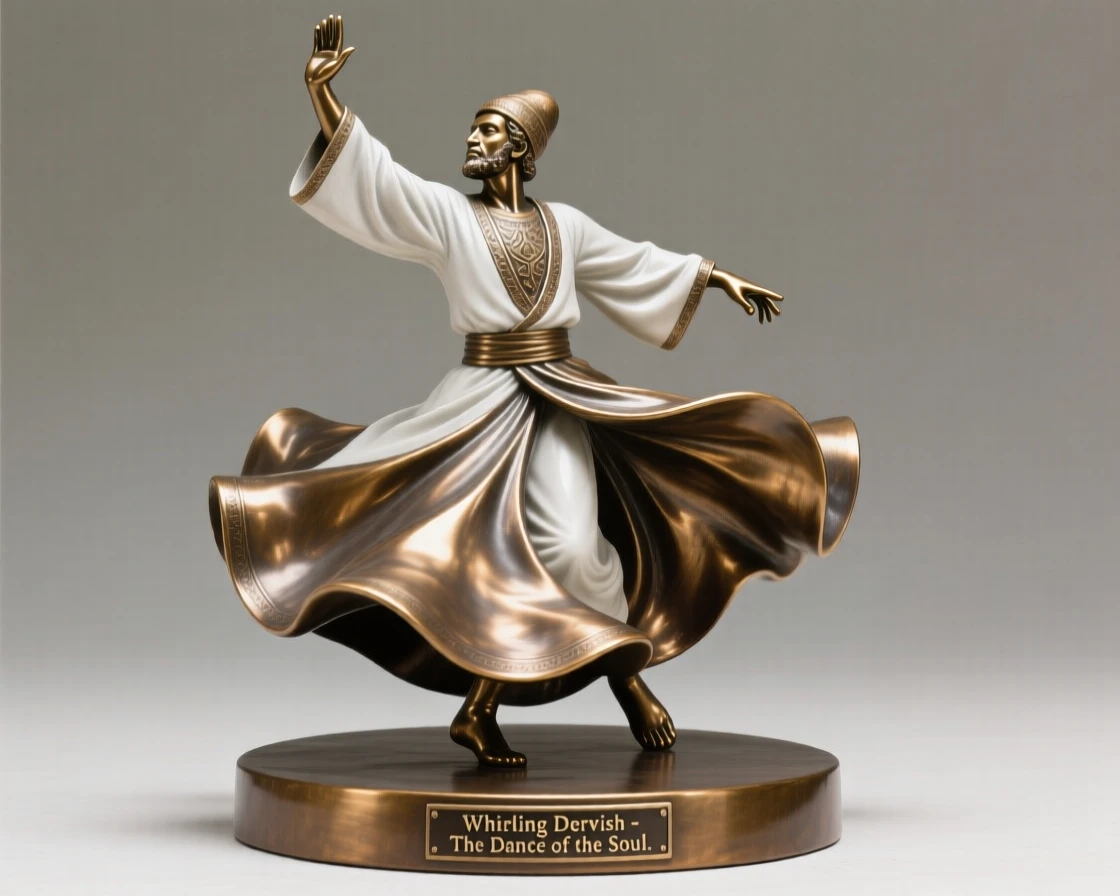A turkish whirling dervish spinning in white robes, captured at the peak of a powerful movement, forming a strong central focal point