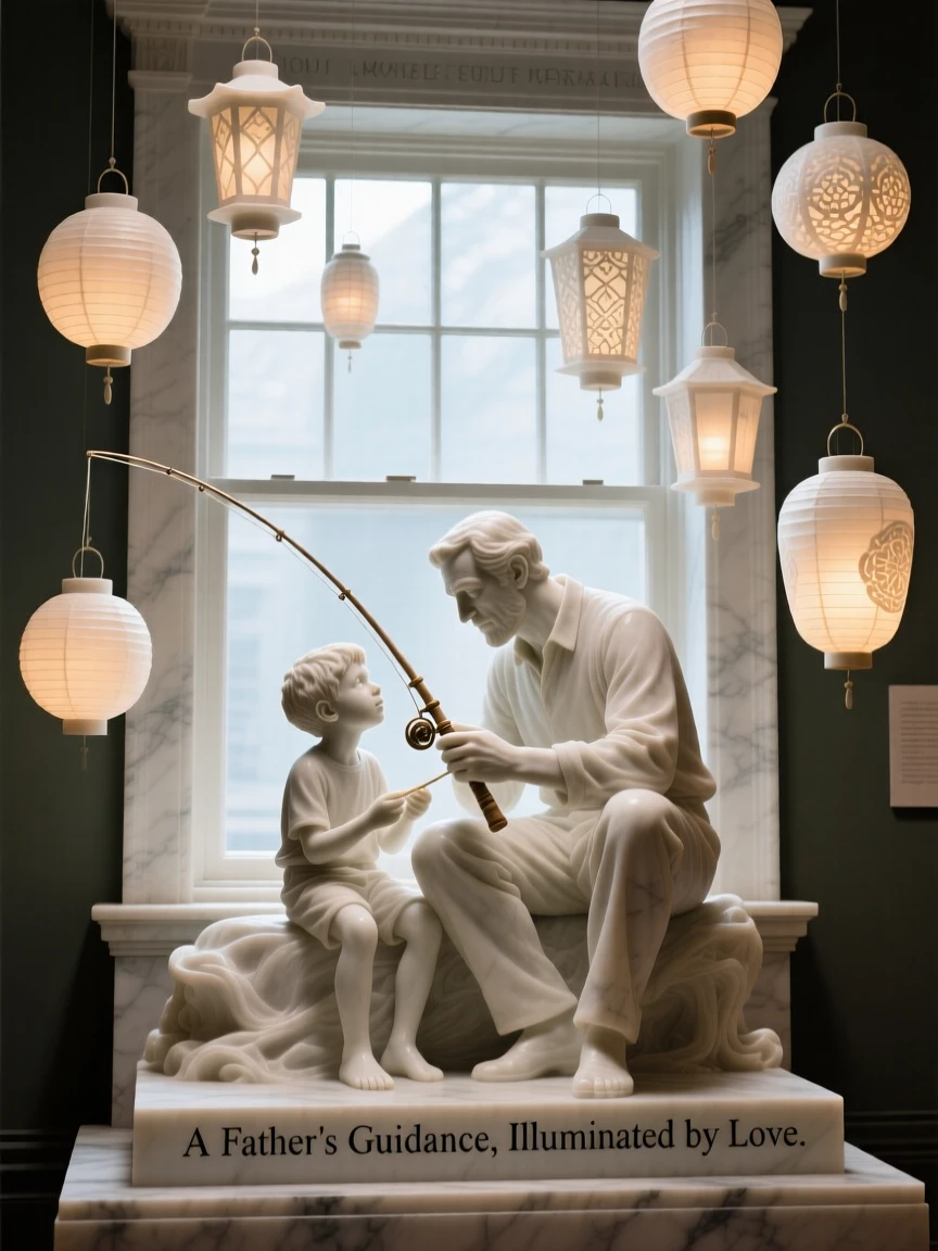 A tender portrait of a father teaching his son to fish, sitting quietly by a window, surrounded by floating lanterns, evoking warmth and humanity