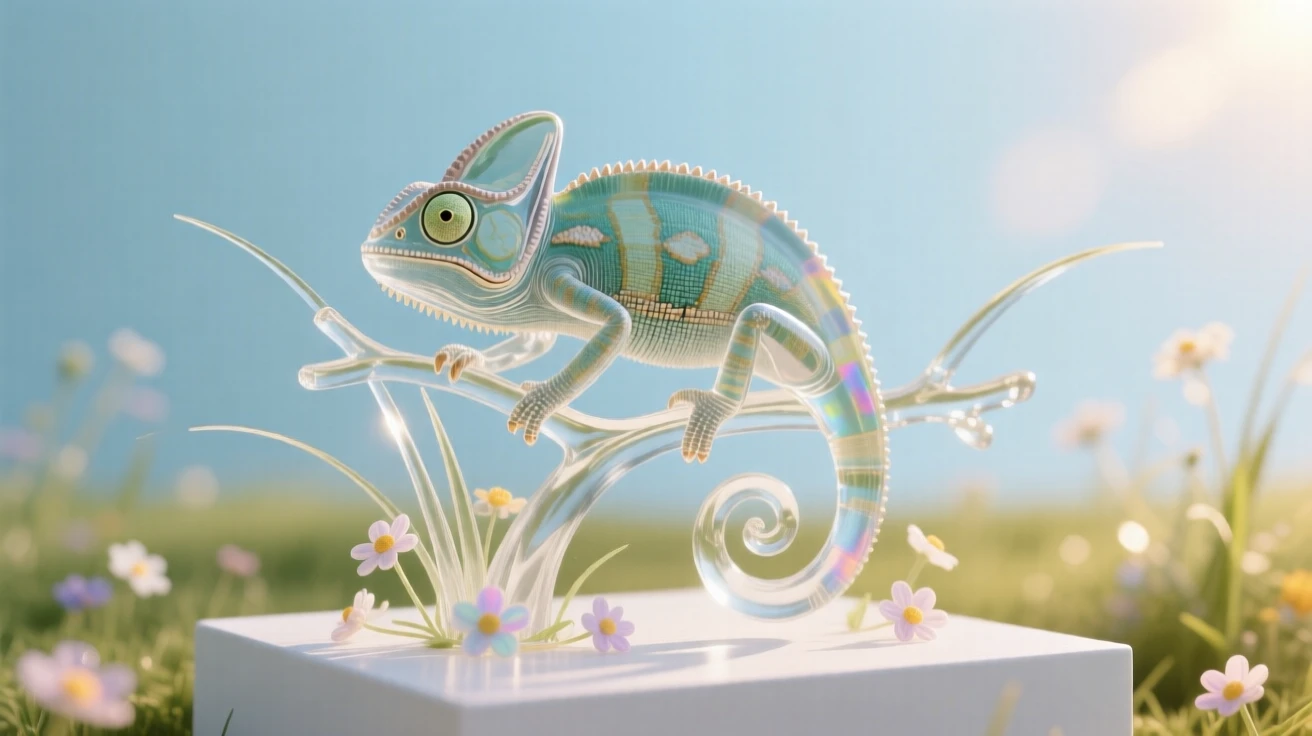 A chameleon resting peacefully in a sunlit meadow scattered with wildflowers, a gentle breeze bending the grass, evoking warmth and tranquility.