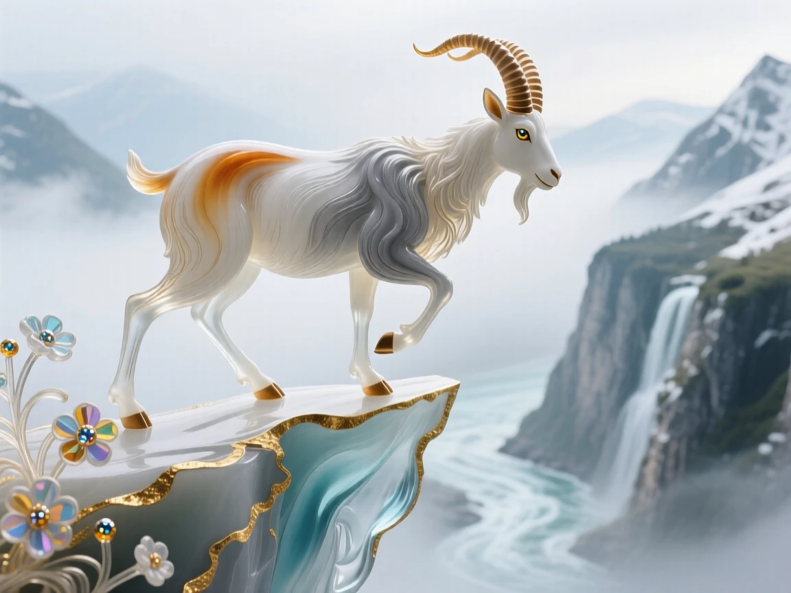 A mountain goat balancing on a narrow cliff ledge above a misty gorge, daring and majestic.