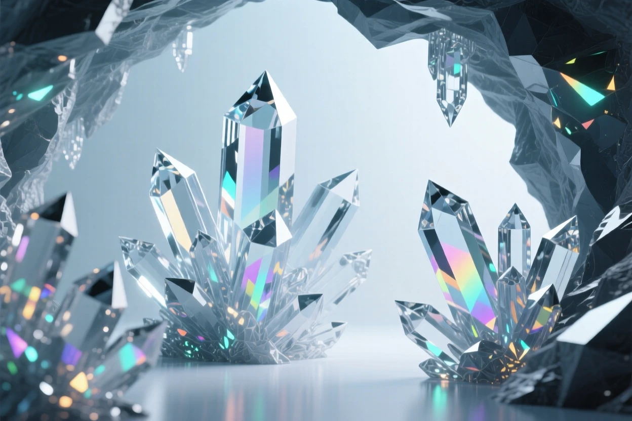 A cave of glowing crystals deep underground, faint light revealing jagged mineral formations.
