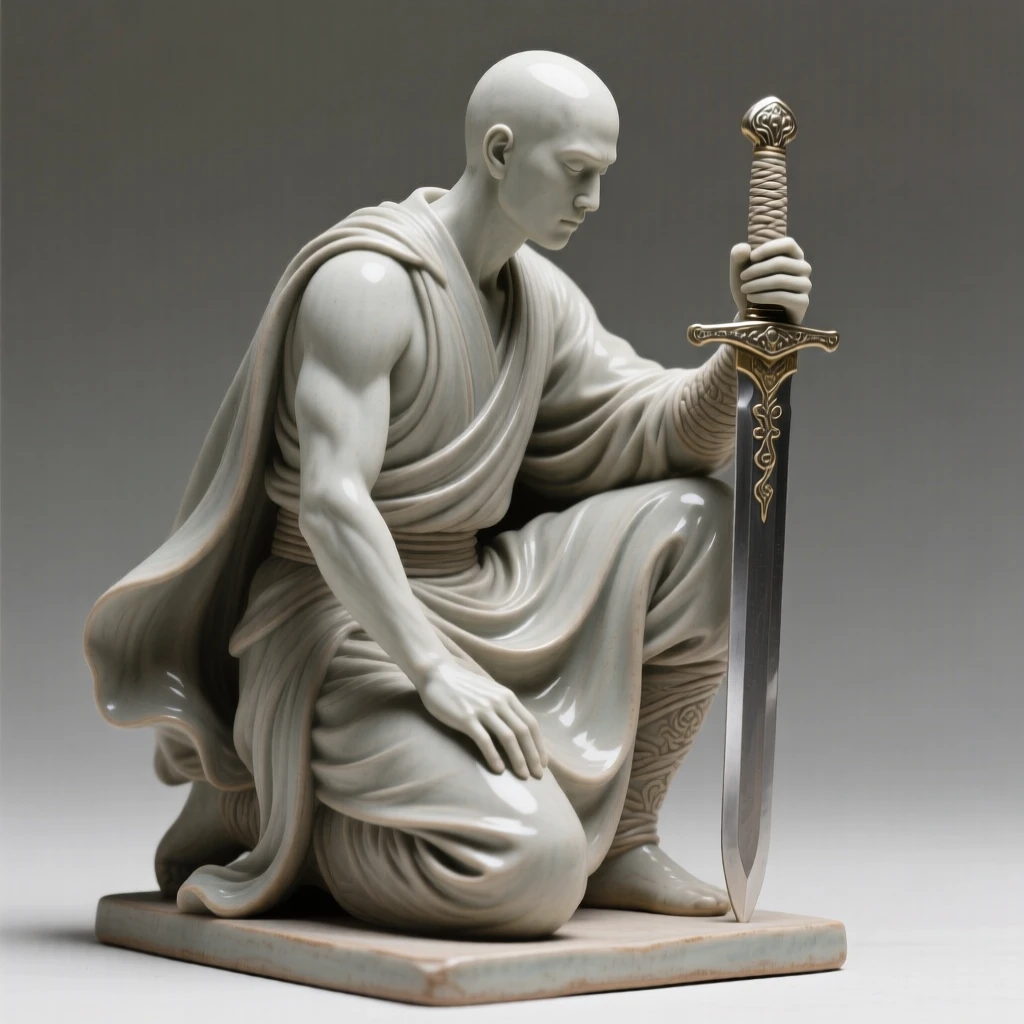 A warrior resting his hand on a sheathed sword kneeling with quiet, contemplative stillness, draped in flowing garments that ripple with movement, radiating grace, strength, and inner peace.