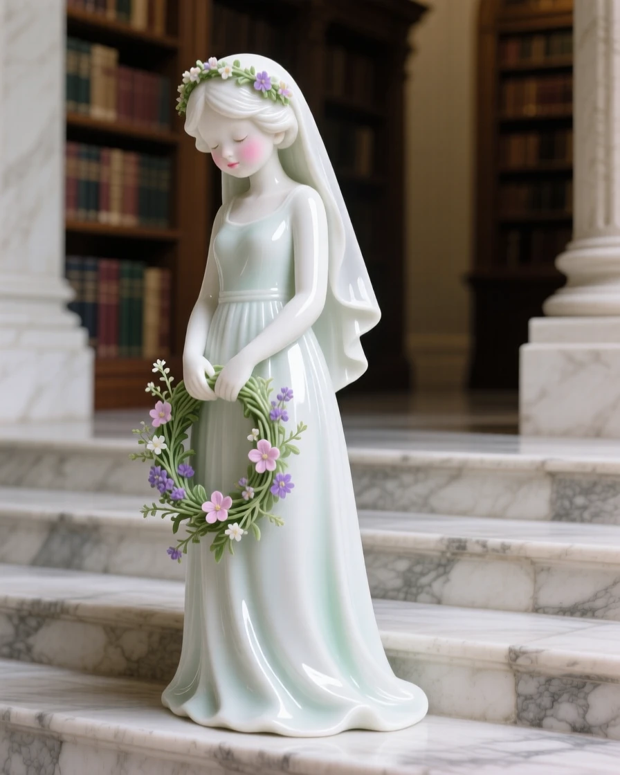 A childlike bride weaving a wreath of wildflowers, her gaze lowered in quiet grace, in the steps of a grand library.