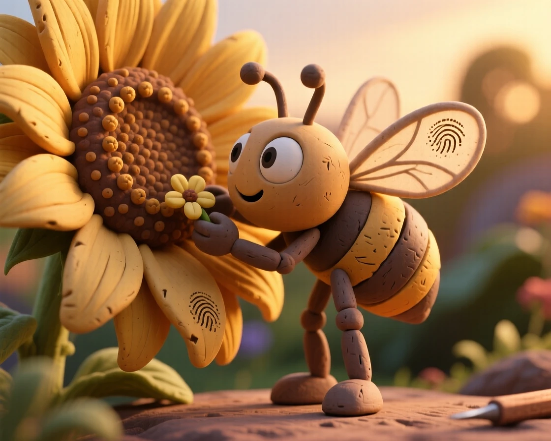 A bee gathering pollen from a giant sunflower at golden hour