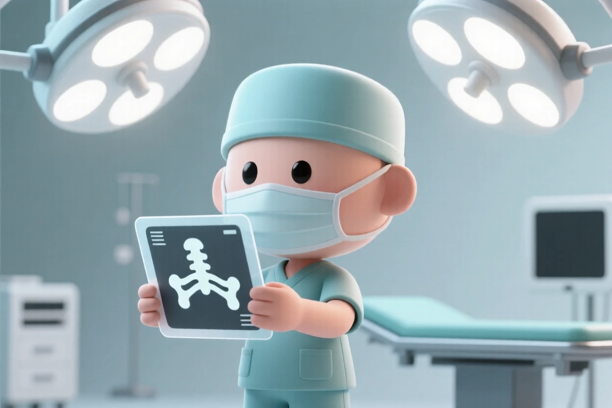 A confident surgeon reviews an X-ray under bright operating room lights, mask pulled down and eyes focused with quiet determination.