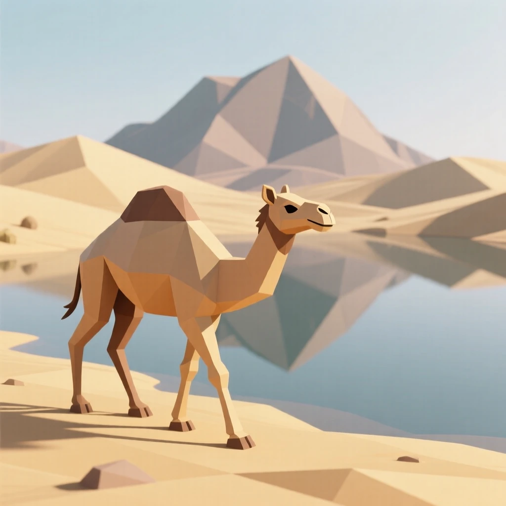 A camel walking across golden sand dunes, beside a crystal-clear mountain lake. delicate detail is visible in the fur and eyes. A feeling of serenity washes over the moment.