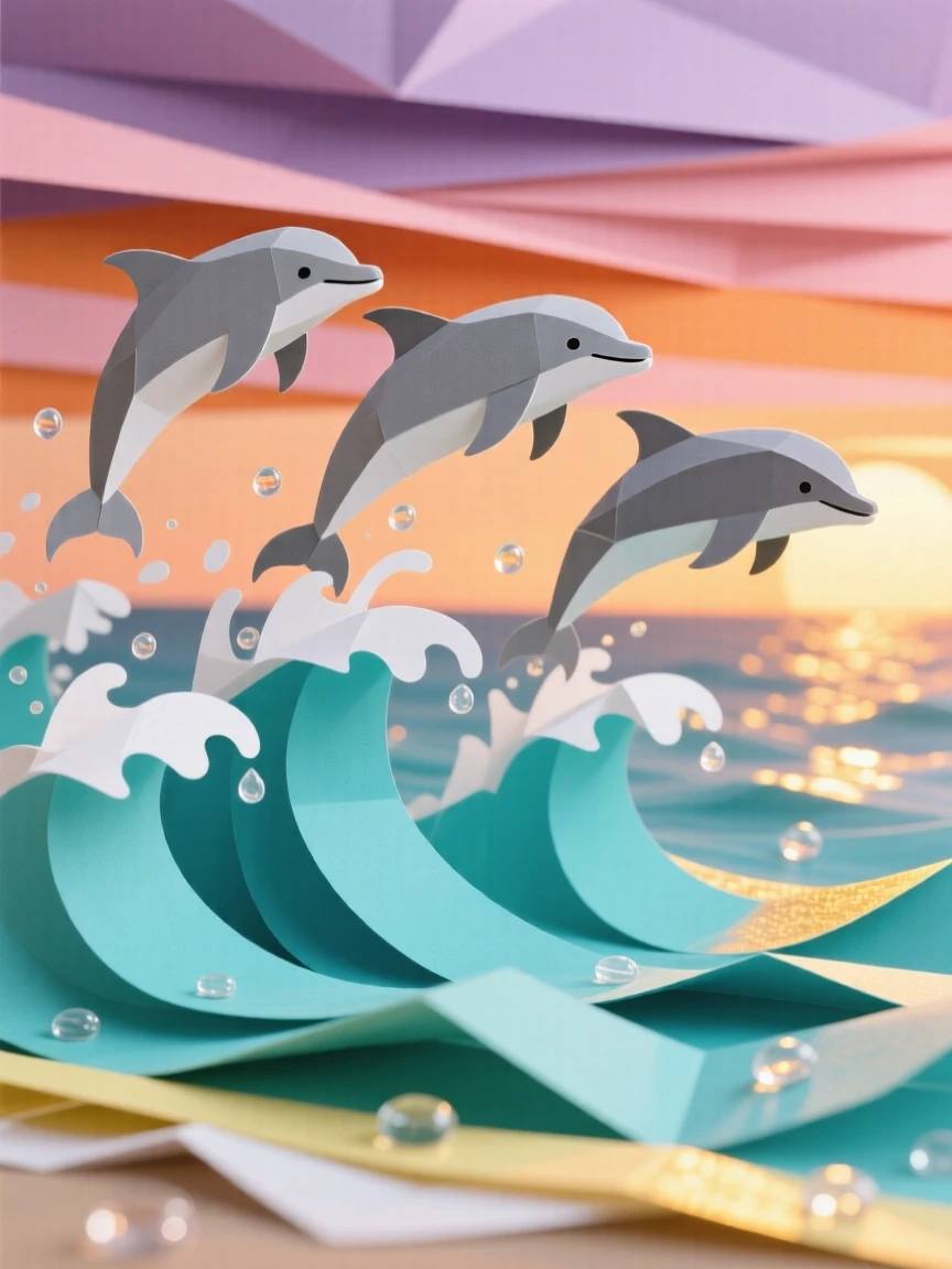 A pod of dolphins leaping gracefully out of turquoise ocean waves at sunset, water droplets catching the golden light, conveying joy, freedom, and the beauty of the sea.