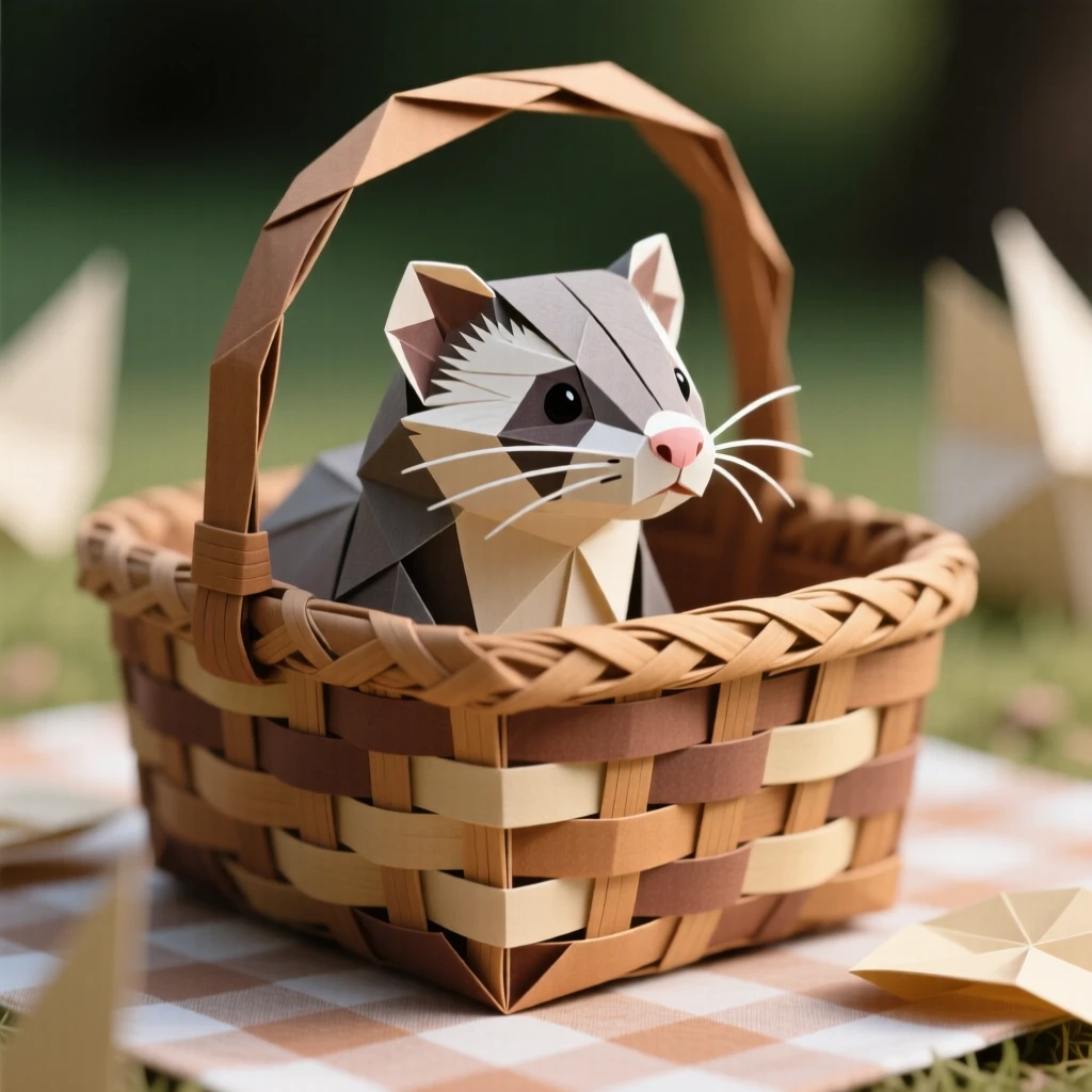 A ferret peeking out from inside a woven picnic basket, ears perked forward with curiosity.