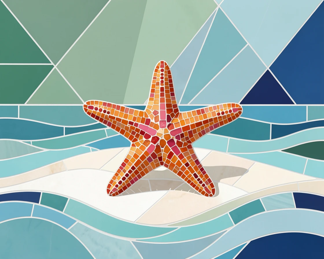 A vivid underwater scene of a starfish resting on a bed of white sand beneath clear water, rich in color and serene movement.