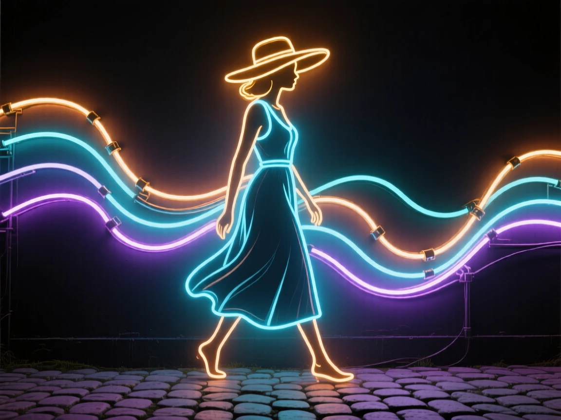 A woman in a wide-brimmed hat walking along a quiet cobblestone street.