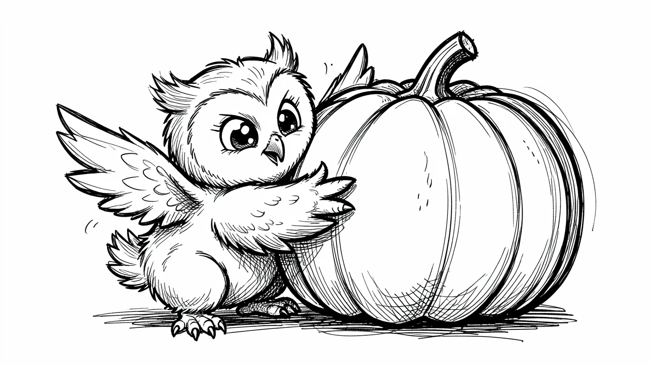 A fluffy baby owl trying to hug a pumpkin twice its size.