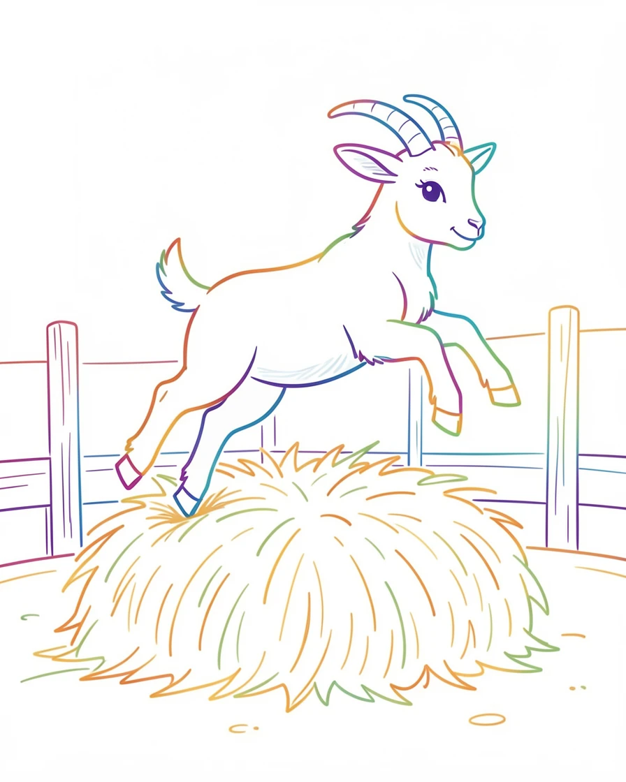 A baby goat leaping sideways off a hay bale in a barnyard pen.