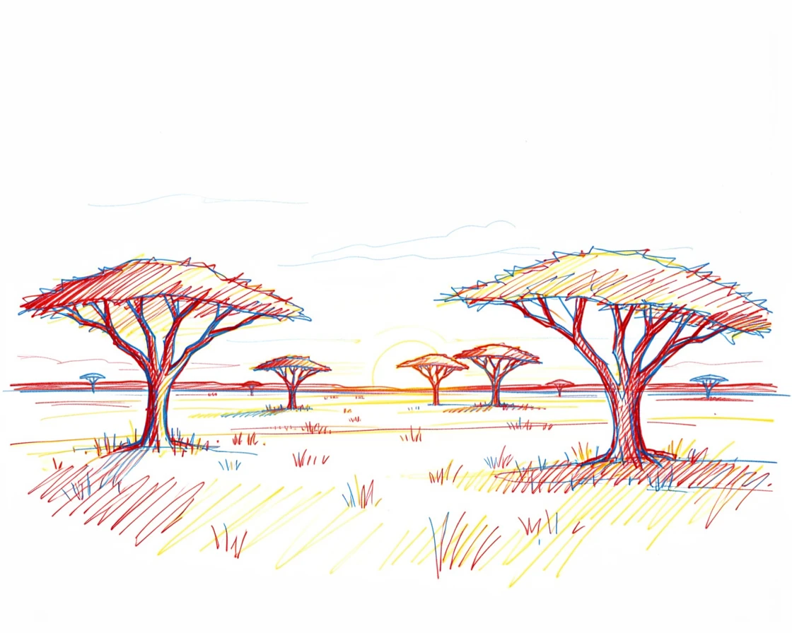 A wide open savanna at sunset with acacia trees silhouetted against orange sky