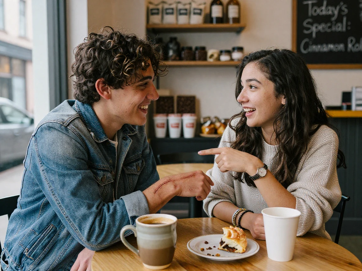 Two friends compare scars from childhood adventures over coffee.