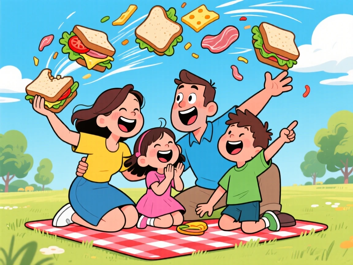 A heartwarming scene of a family of four squeezed onto a tiny picnic blanket, laughing as a gust of wind flips their sandwiches into the air.