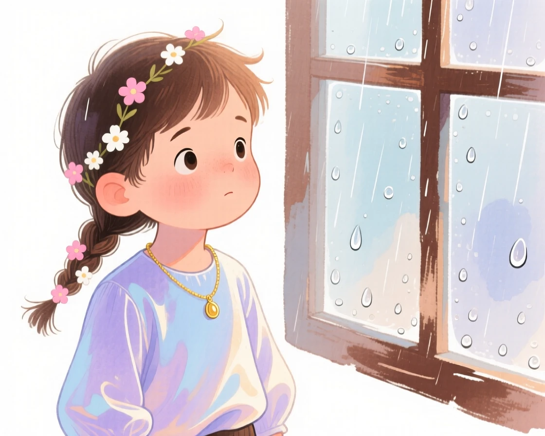 A little boy with tight braids adorned with tiny flowers, gazing thoughtfully into the distance, wearing an elegant silk blouse and wearing a delicate gold necklace, beside a rain-speckled window