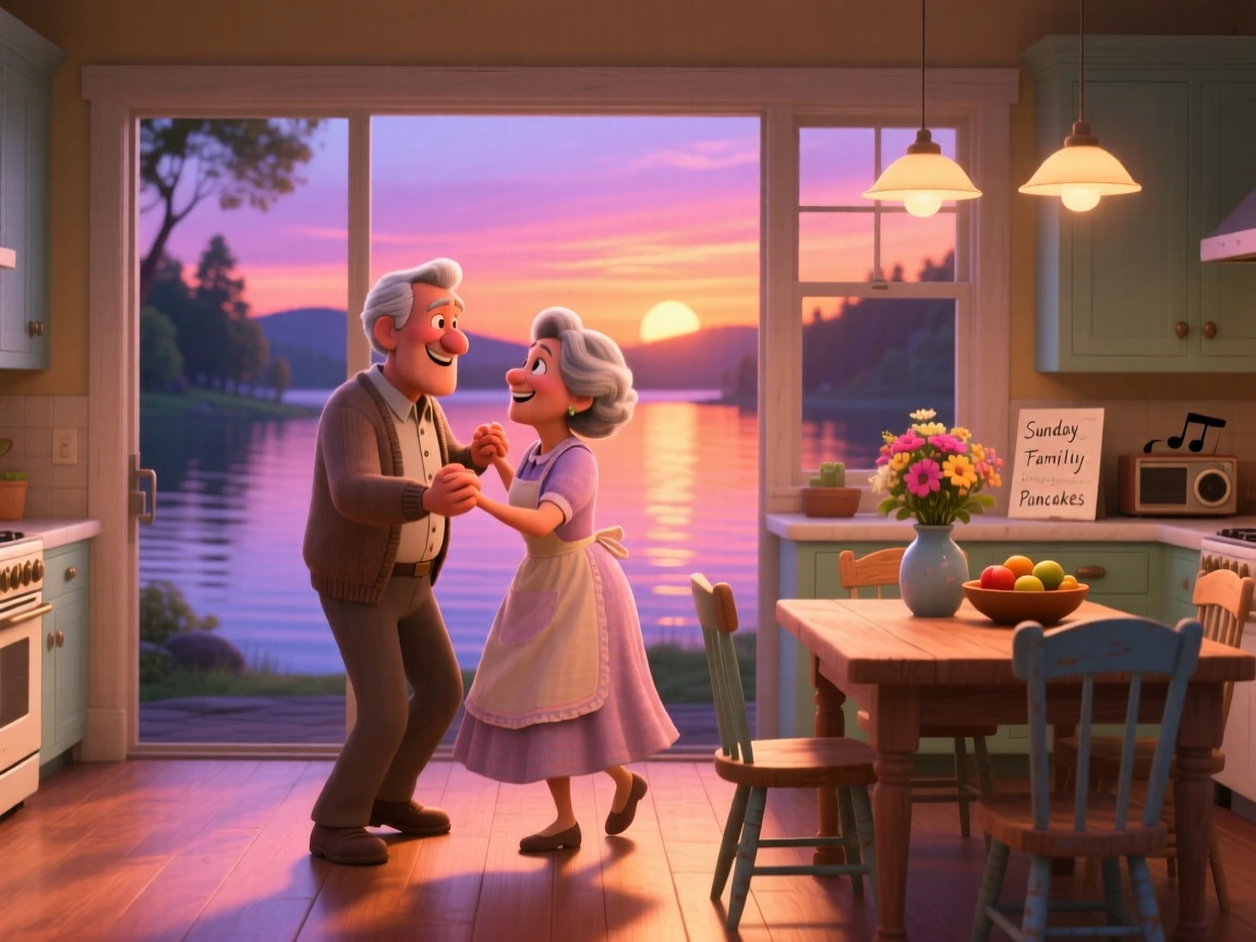 An elderly couple dancing slowly in their kitchen unfolds beside a calm lake at sunset, with everyone's laughter filling the air. A heartfelt sense of happiness fills the moment.