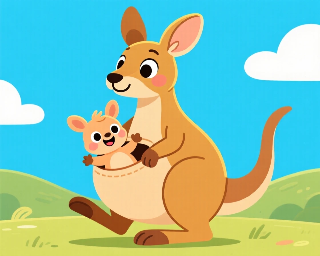A baby kangaroo peeking out of its mother's pouch.