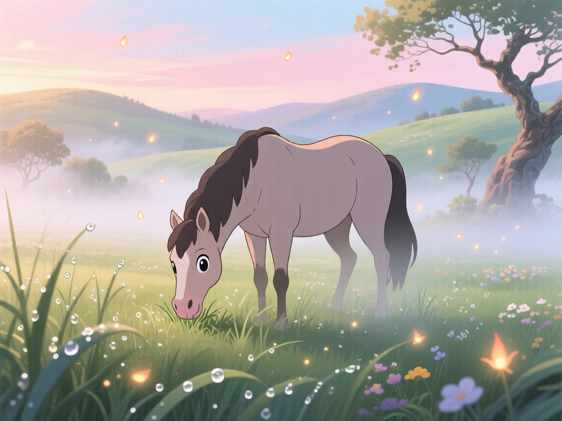 A horse grazing peacefully in a misty pasture, with morning dew glistening on the grass nearby, radiating pure charm.