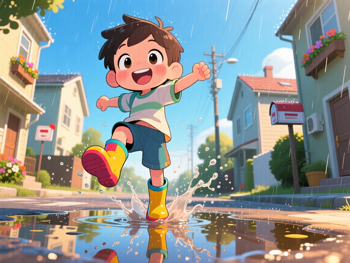 Low-angle shot looking up: a little boy in rain boots, jumping into a puddle with a joyful splash, set against a rain-soaked neighborhood street under a clear summer sky, with soft golden-hour sunlight and a mood of proud determination.