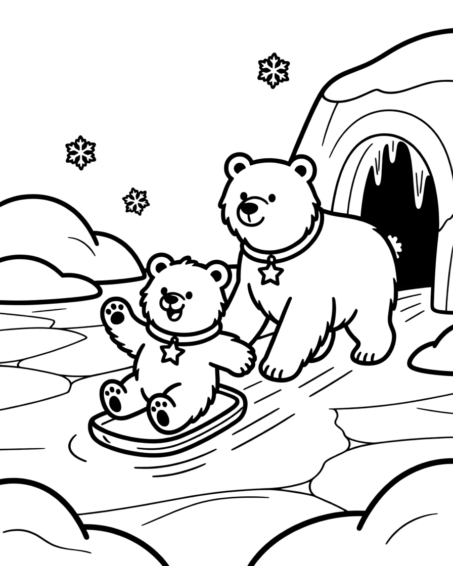 A baby polar bear sliding on the ice with its mother