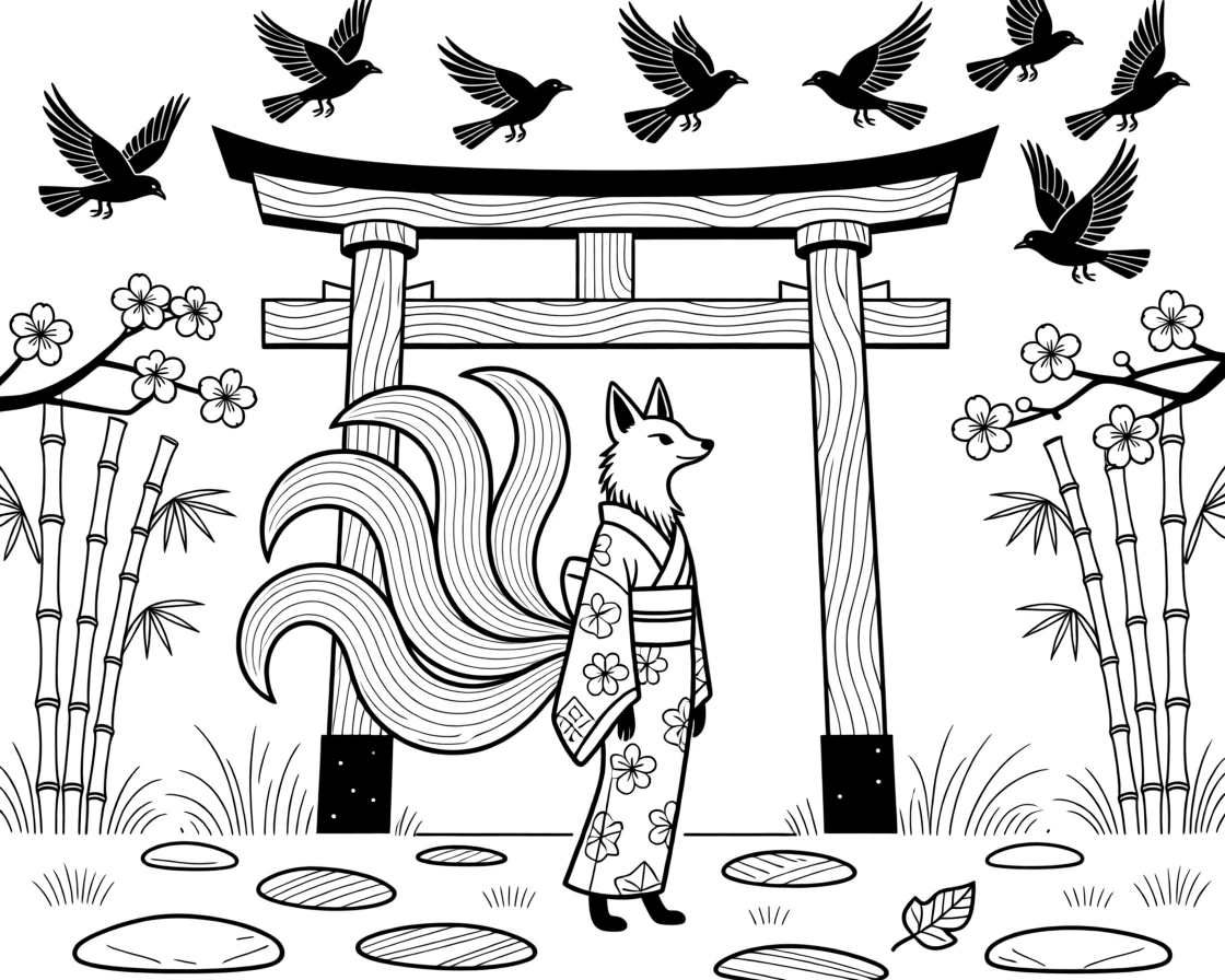 A kitsune with nine tails standing before a torii gate, with a flock of ravens scattering into the sky.