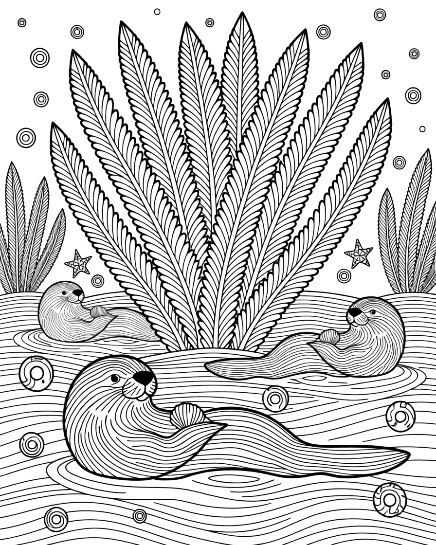A cluster of giant kelp with sea otters floating among the fronds.