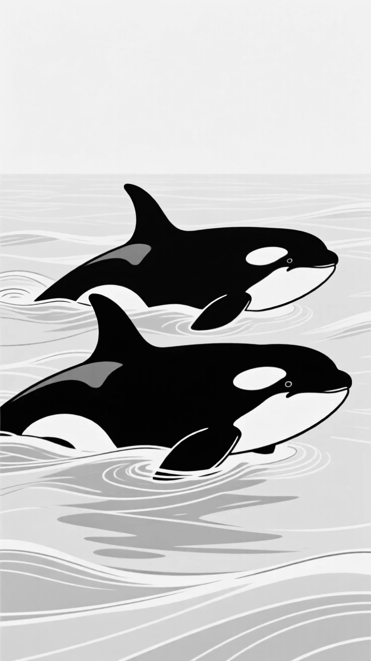 A pair of orcas swimming side by side in open ocean