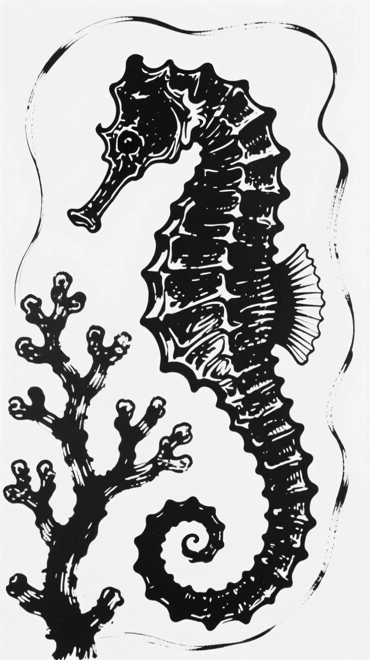 A seahorse curling its tail around a strand of coral.
