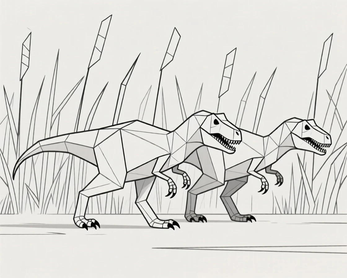 A Velociraptor pack stalking through tall grass