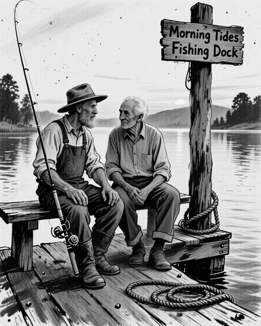A farmer sharing a quiet moment of connection with an old friend, on a quiet fishing dock at dawn.