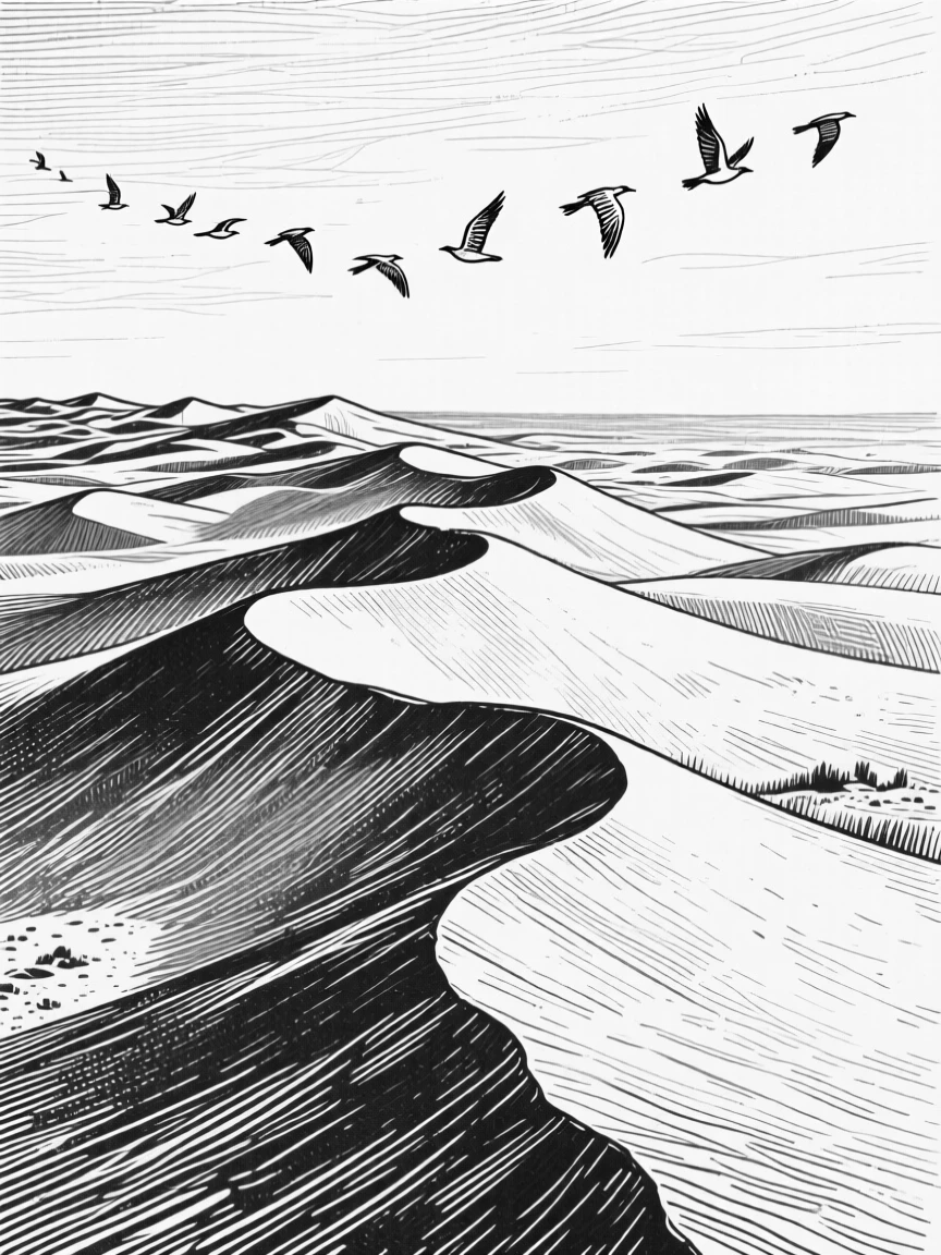 A desert dune ridge under the soft glow of early morning light, with birds circling lazily overhead, evoking a gently nostalgic atmosphere in a wide, balanced composition.