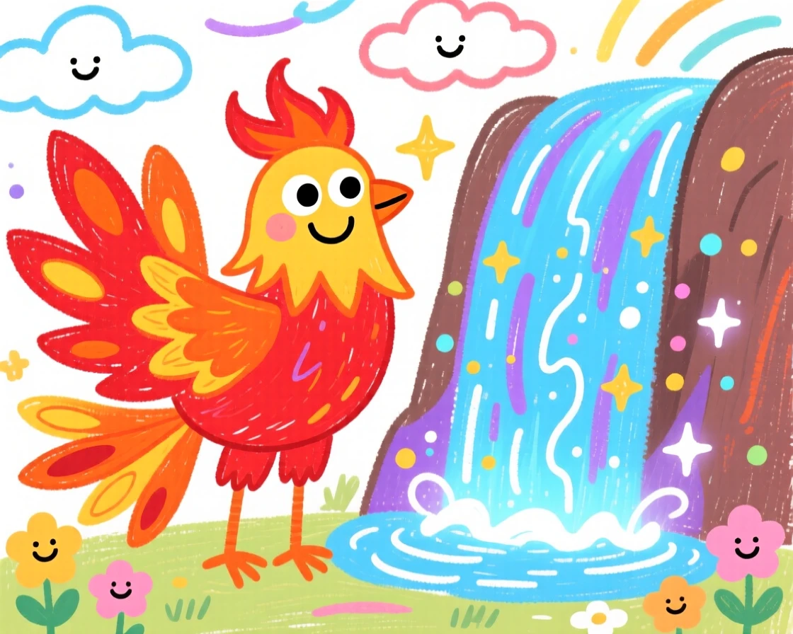 A cheerful phoenix with fiery feathers beside a glowing magical waterfall.