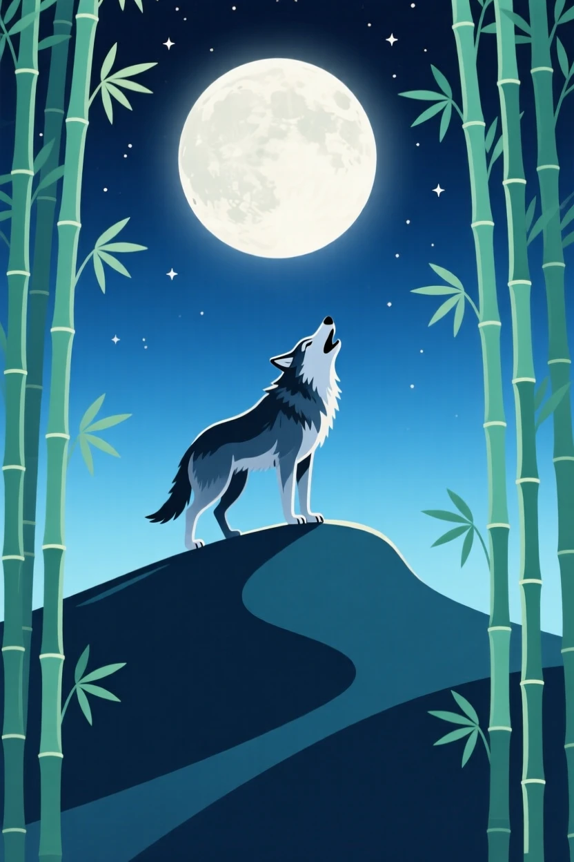 A wolf howling atop a moonlit ridge, framed by towering bamboo stalks in a peaceful grove, arranged in a balanced symmetrical composition, with a sense of playful curiosity captured perfectly.