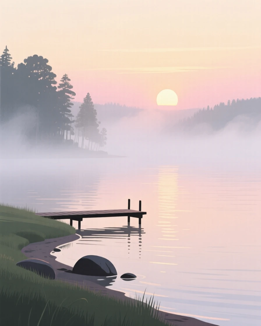 A misty lake shore at sunrise with soft light filtering through the rising mist.