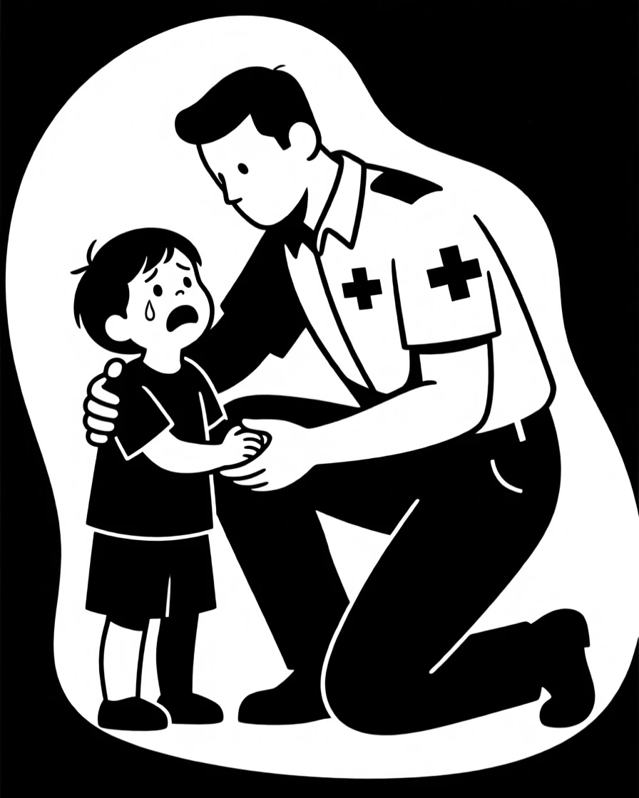 A paramedic comforting a frightened child.