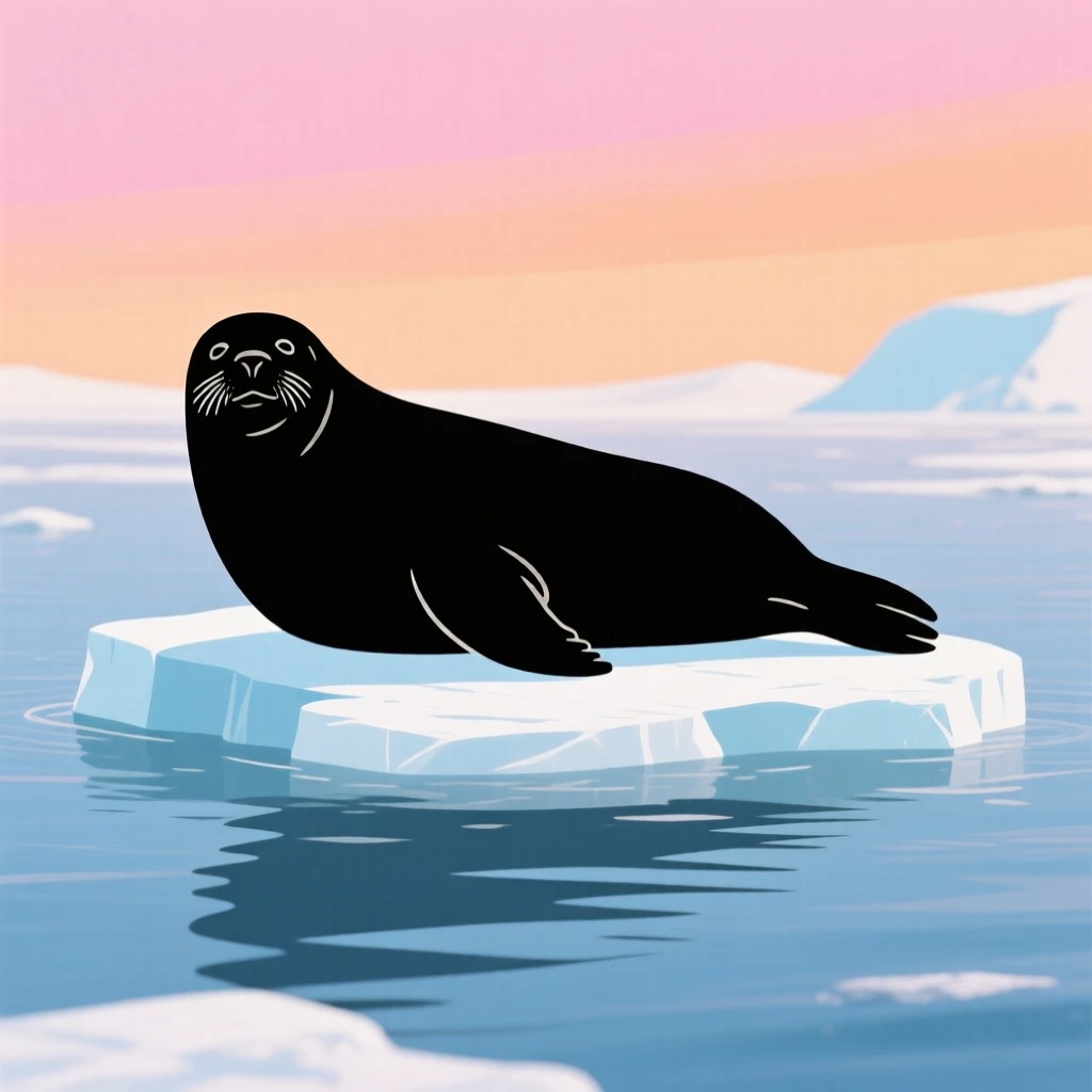 A harbor seal resting on a small ice floe drifting in open water.