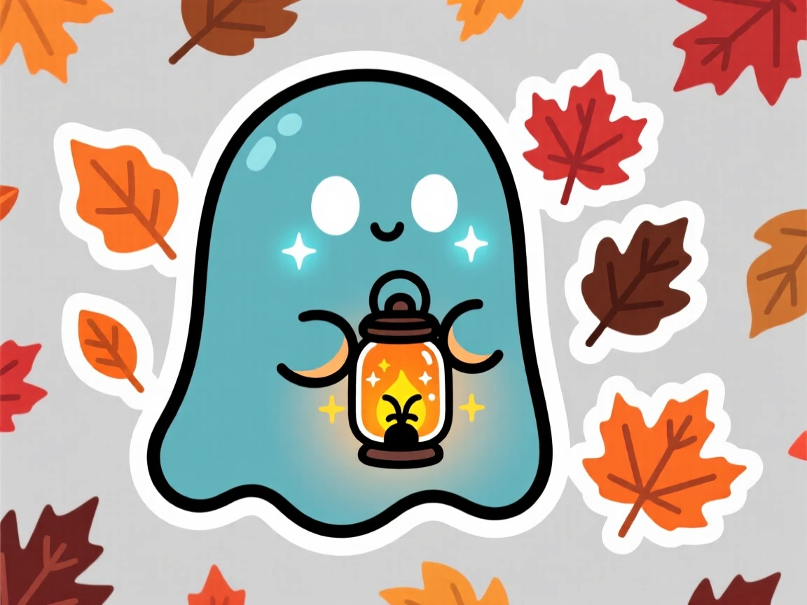 A sparkly-eyed round ghost with tiny arms carrying a lantern made of a firefly jar, among scattered autumn leaves.